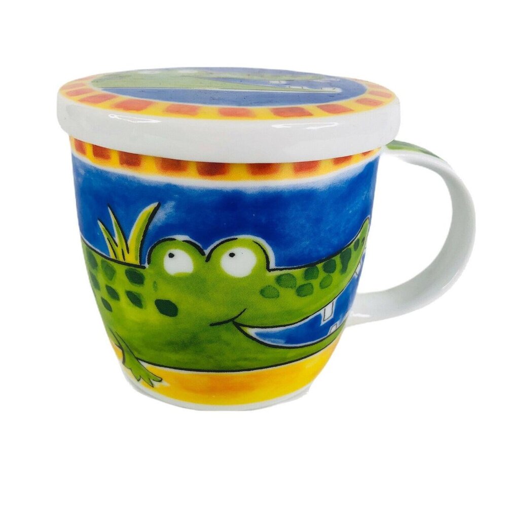 Silea Crocodile Alligator Mug Ceramic With Lid Cover Yellow Bird Humorous Unique